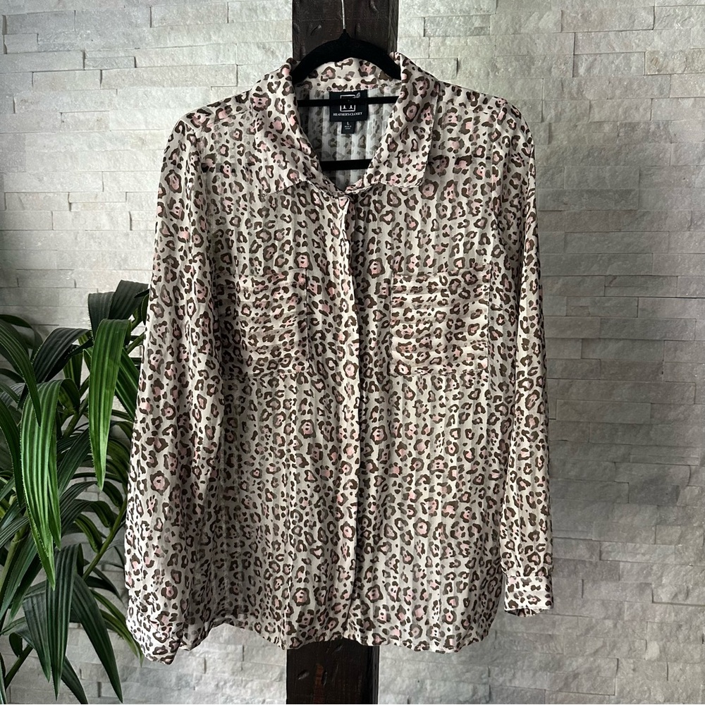 Heather's Closet Taupe Pink Leopard Print Semi Sheer Button Down Blouse Size L